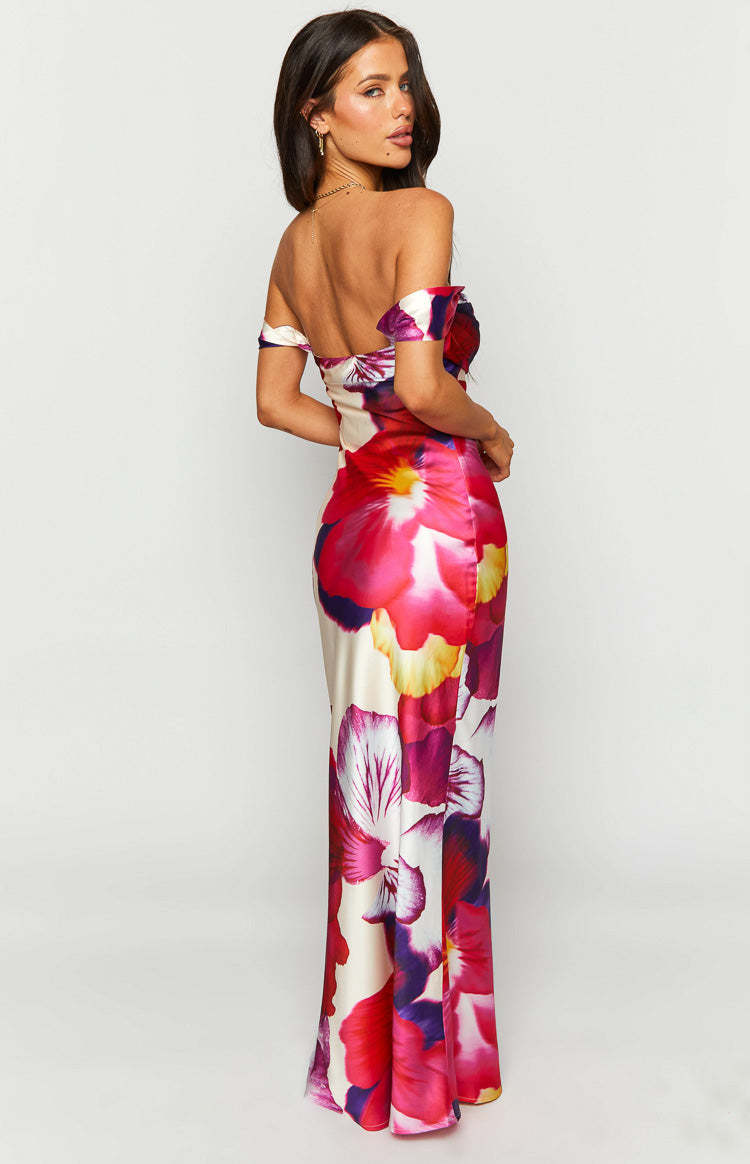 Ella Pink Floral Print Off Shoulder Formal Dress-Vavasi.All Rights Reserved.