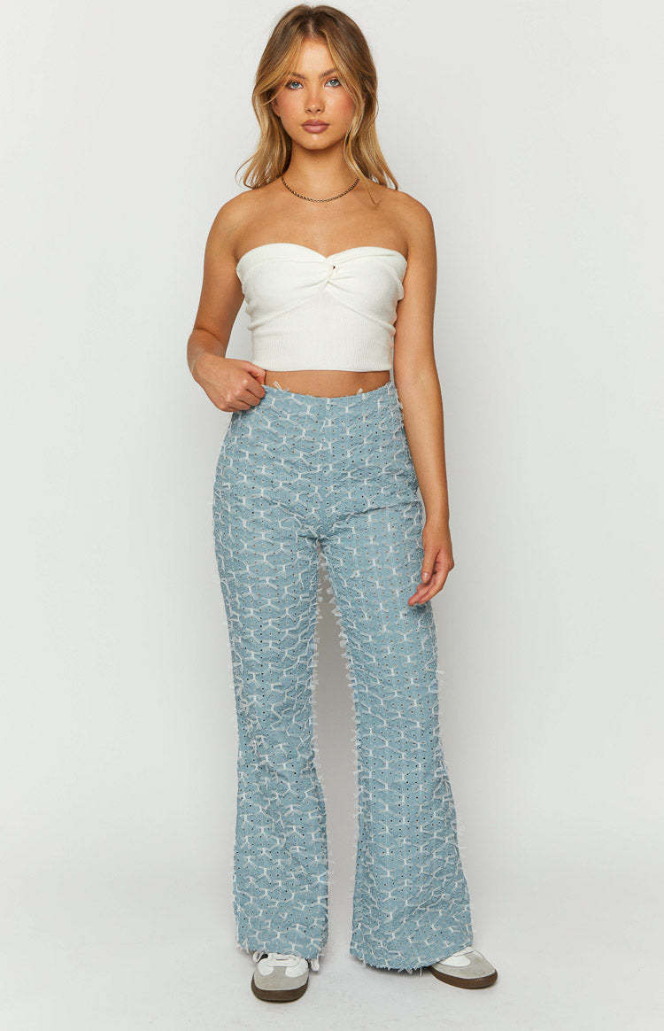 Elowen Blue Chambray Bow Flared Jeans-Vavasi.All Rights Reserved.