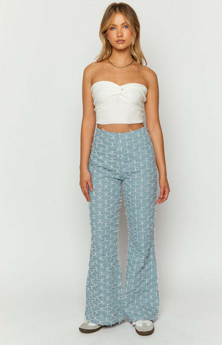 Elowen Blue Chambray Bow Flared Jeans-Vavasi.All Rights Reserved.