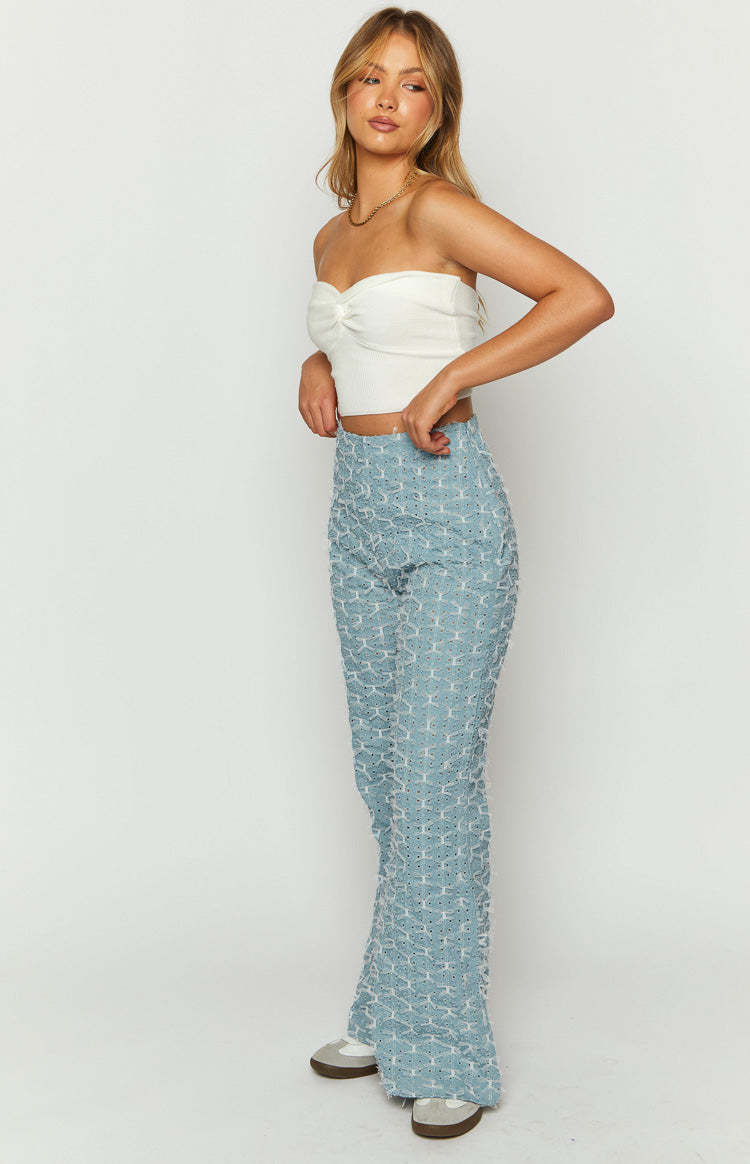Elowen Blue Chambray Bow Flared Jeans-Vavasi.All Rights Reserved.