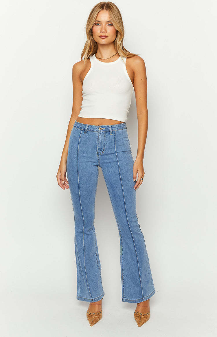 Elowen Mid Wash Flared Denim Jeans-Vavasi.All Rights Reserved.