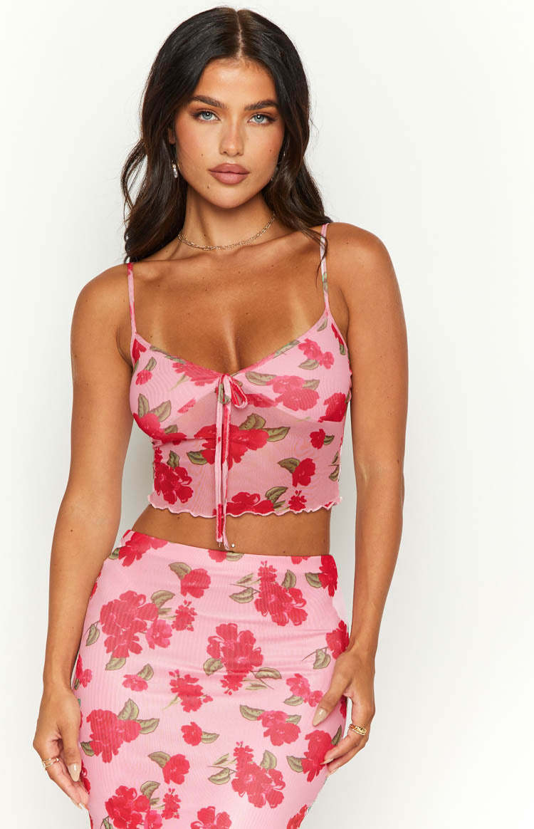 Emz Pink Floral Mesh Cami-Vavasi.All Rights Reserved.