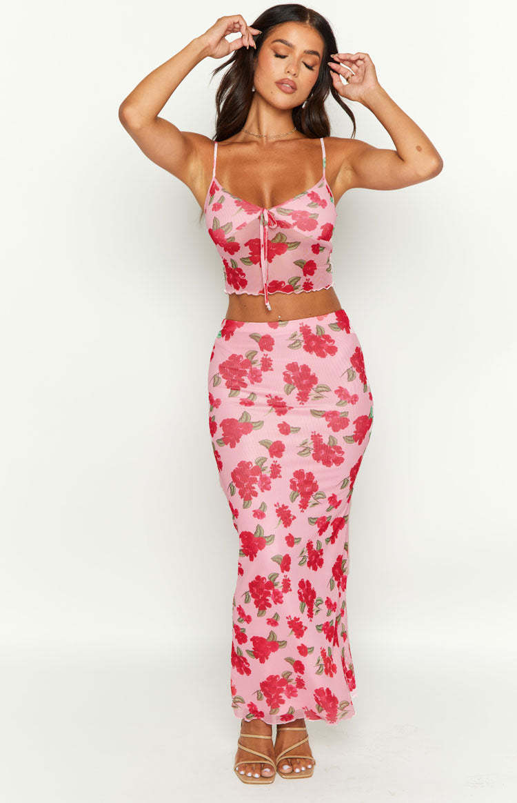 Emz Pink Floral Mesh Midi Skirt-Vavasi.All Rights Reserved.