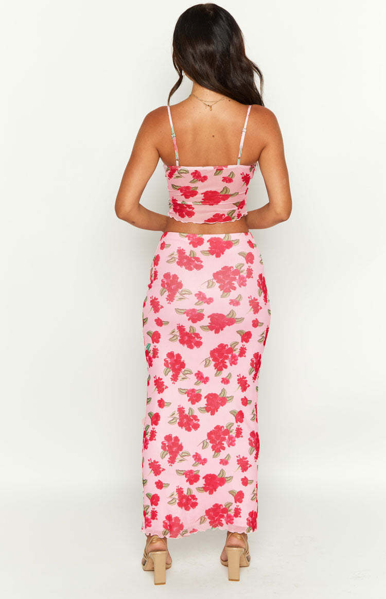 Emz Pink Floral Mesh Midi Skirt-Vavasi.All Rights Reserved.