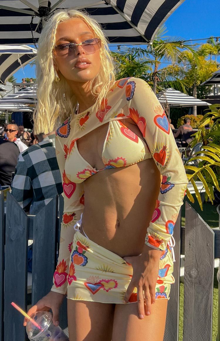 Enya Yellow Heart Printed Mesh Bra And Crop Set-Vavasi.All Rights Reserved.
