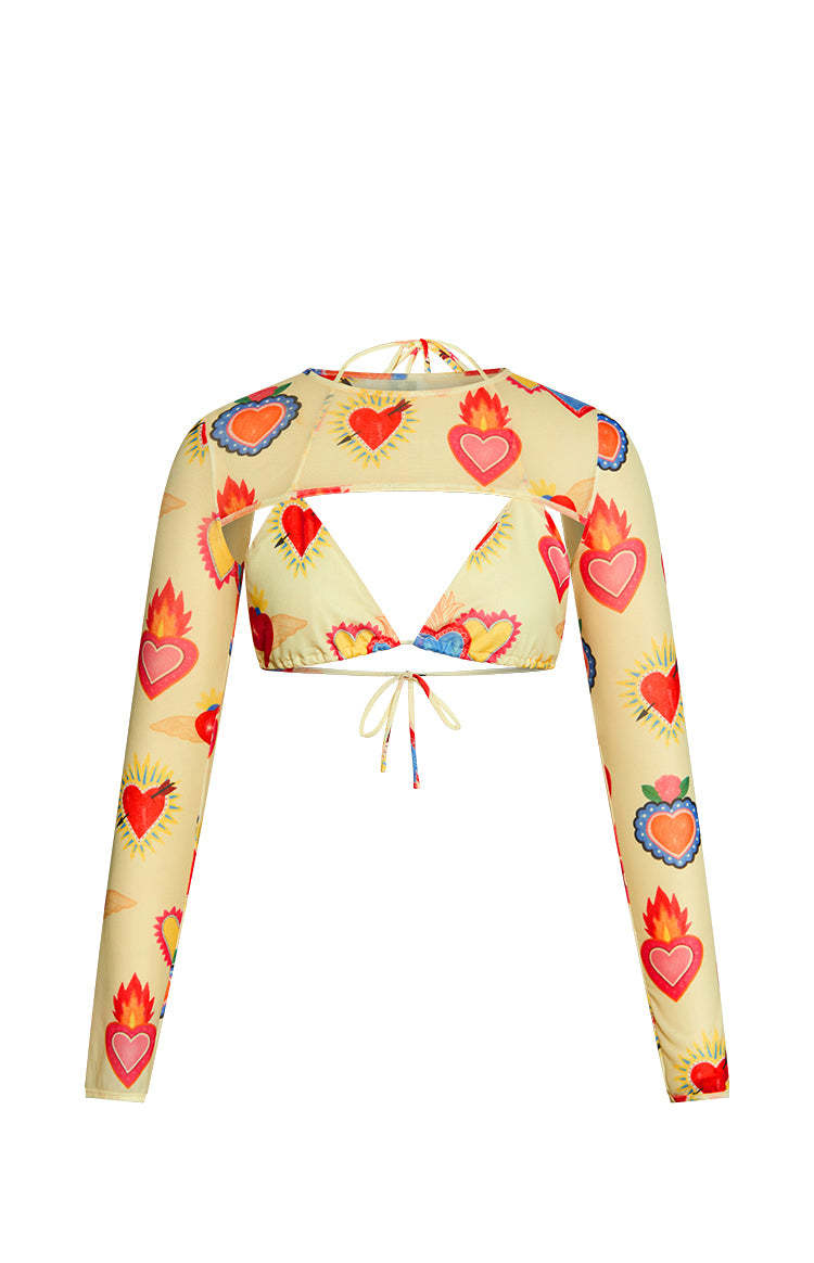 Enya Yellow Heart Printed Mesh Bra And Crop Set-Vavasi.All Rights Reserved.