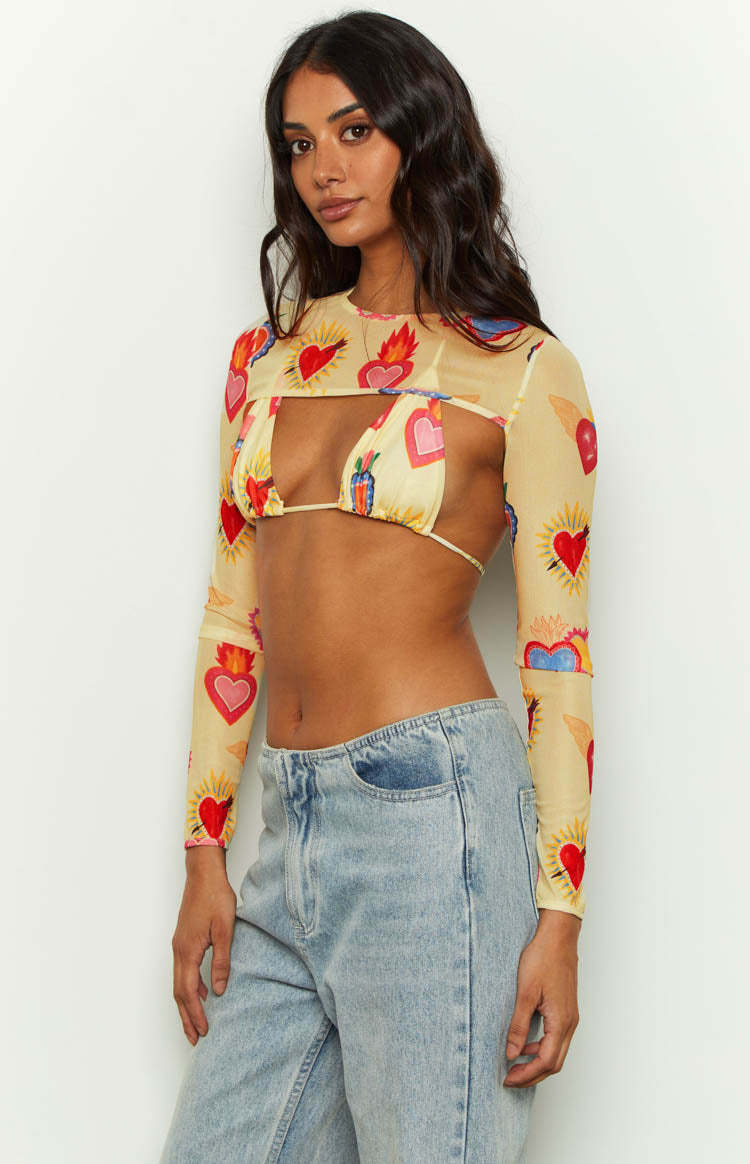 Enya Yellow Heart Printed Mesh Bra And Crop Set-Vavasi.All Rights Reserved.
