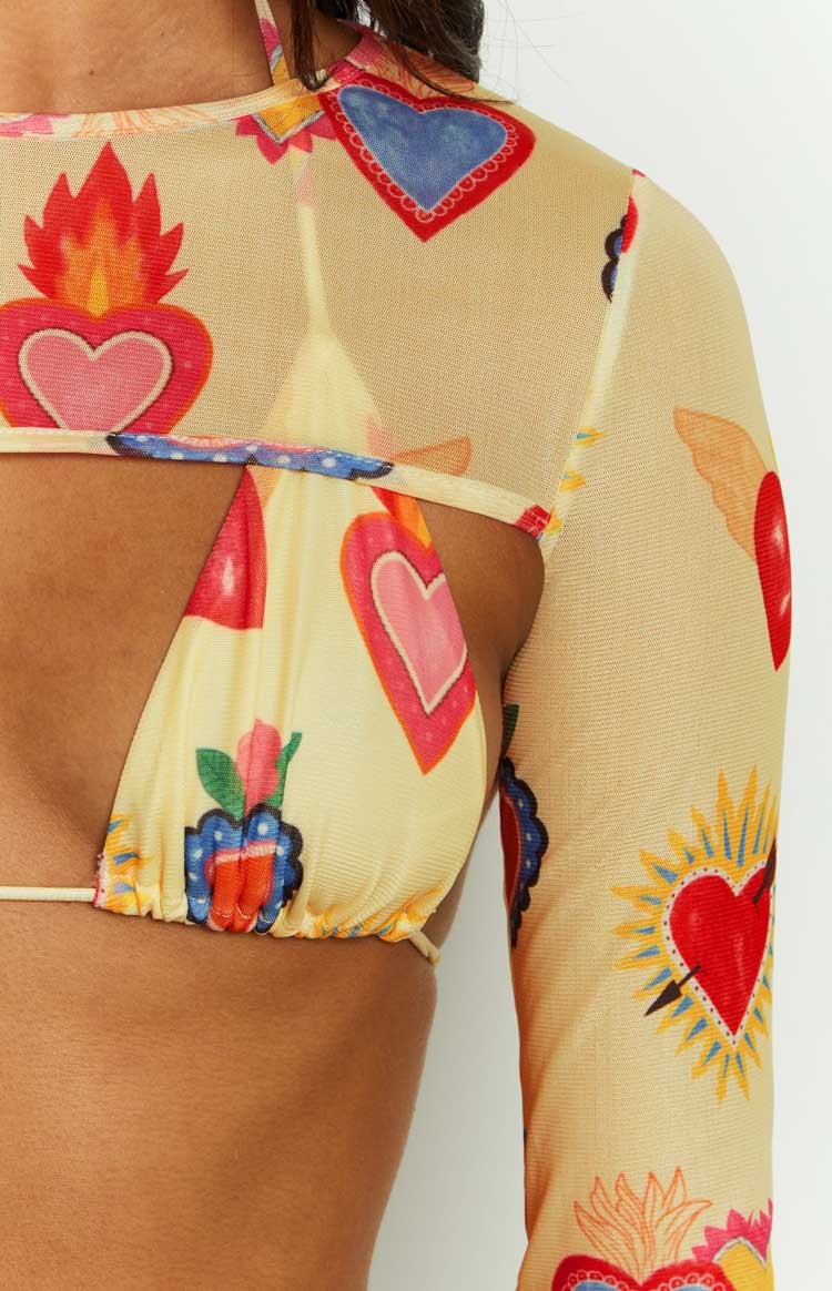 Enya Yellow Heart Printed Mesh Bra And Crop Set-Vavasi.All Rights Reserved.