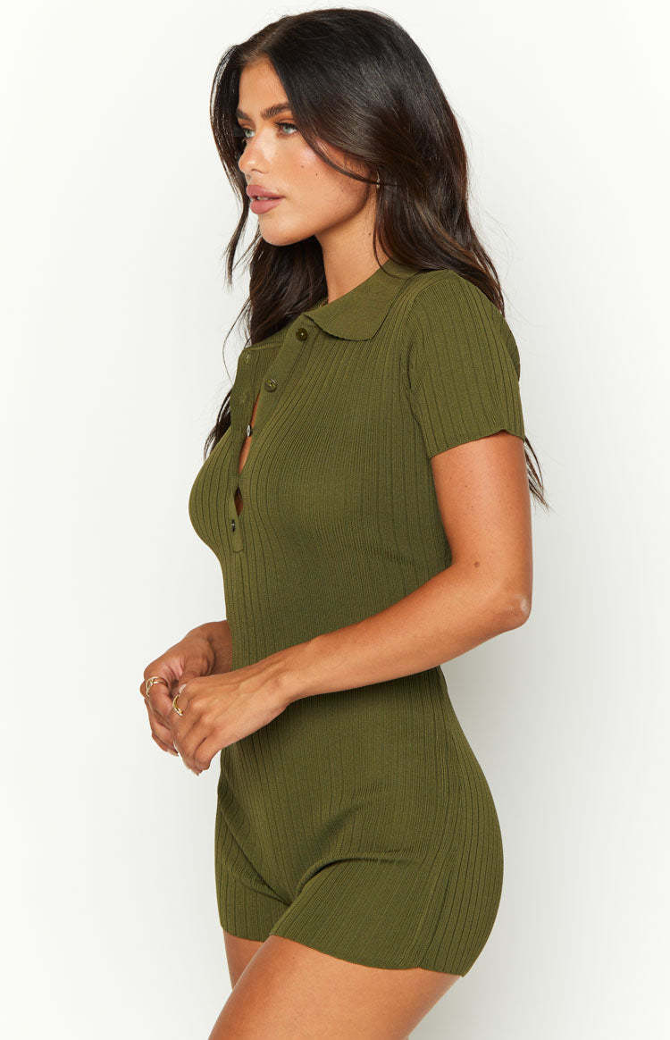 Etta Khaki Knit Playsuit-Vavasi.All Rights Reserved.