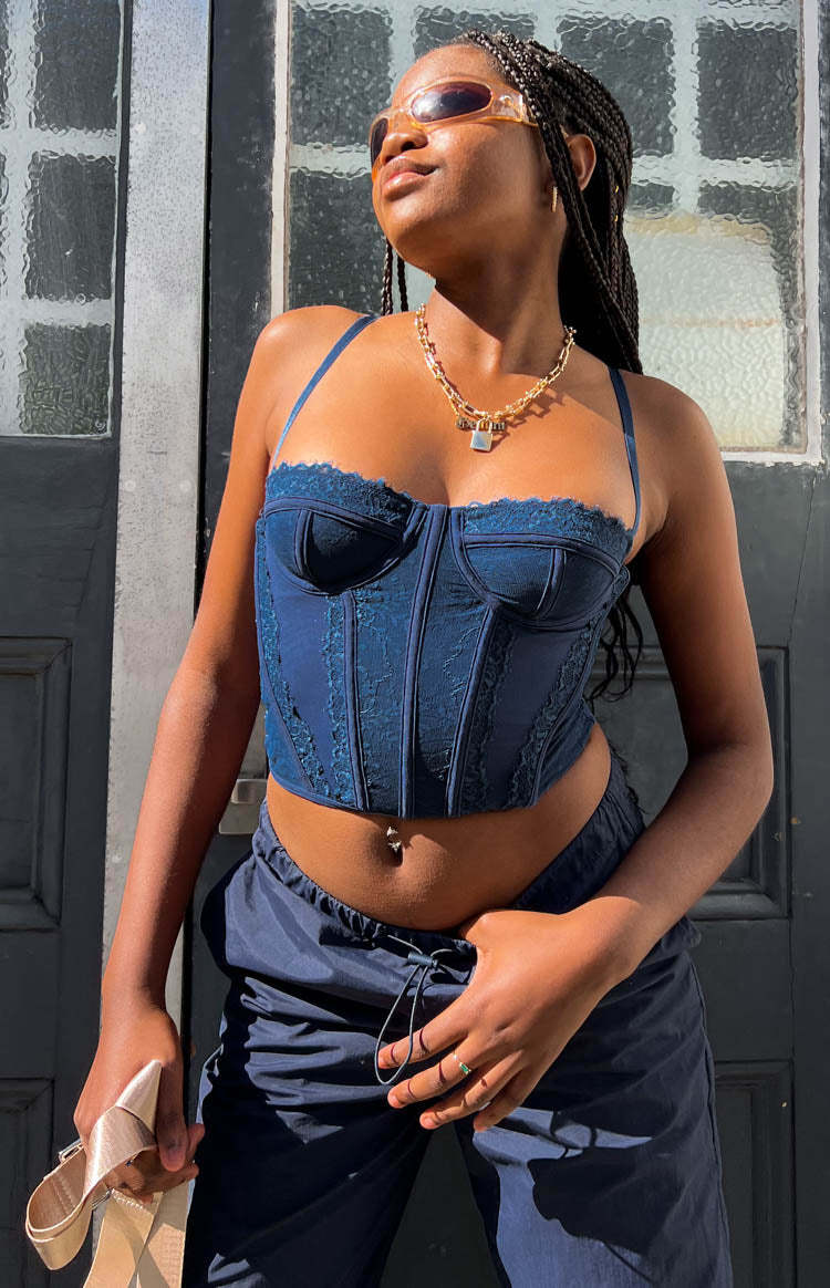 Evangeline Blue Lace Corset Top-Vavasi.All Rights Reserved.