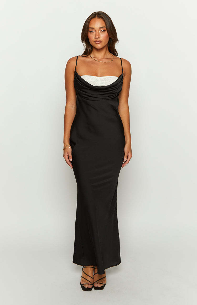 Evelyn Lace Detail Black Satin Maxi Dress-Vavasi.All Rights Reserved.