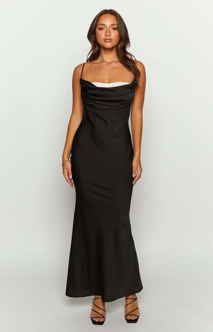 Evelyn Lace Detail Black Satin Maxi Dress-Vavasi.All Rights Reserved.