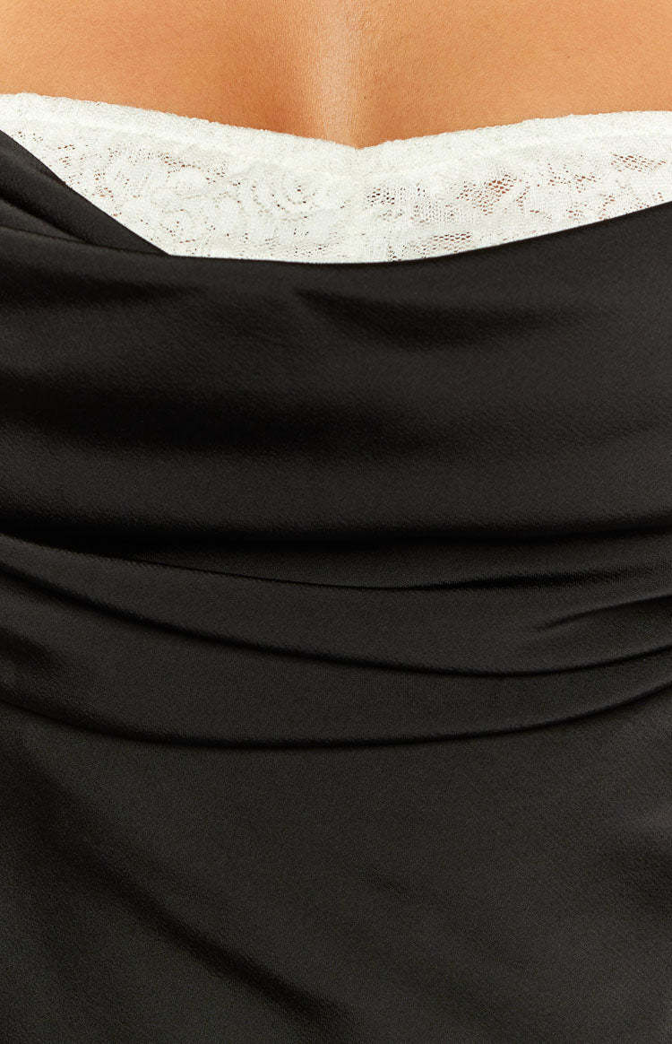 Evelyn Lace Detail Black Satin Maxi Dress-Vavasi.All Rights Reserved.