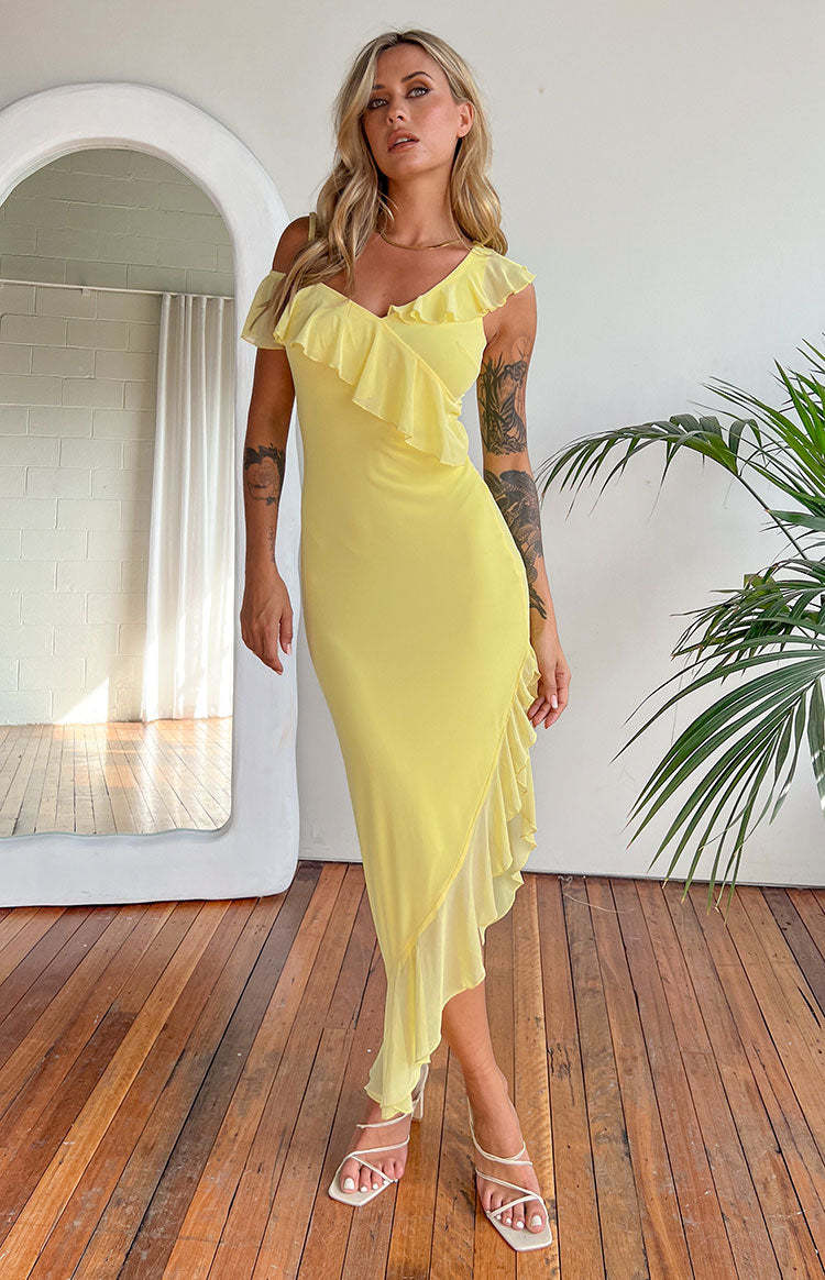 Everleene Yellow Ruffle Mesh Midi Dress-Vavasi.All Rights Reserved.
