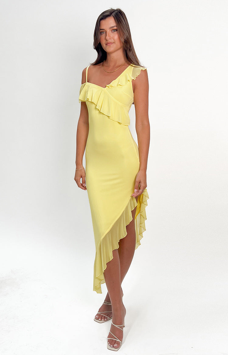 Everleene Yellow Ruffle Mesh Midi Dress-Vavasi.All Rights Reserved.
