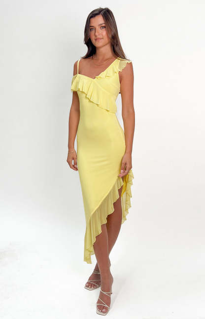 Everleene Yellow Ruffle Mesh Midi Dress-Vavasi.All Rights Reserved.