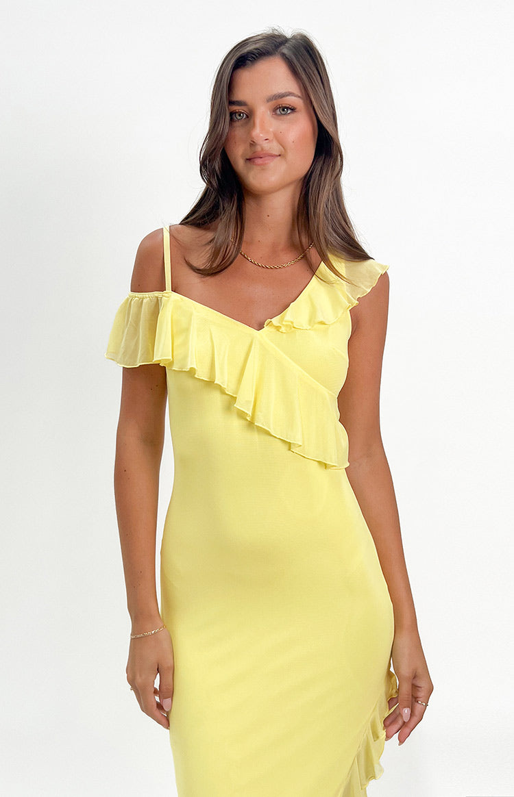 Everleene Yellow Ruffle Mesh Midi Dress-Vavasi.All Rights Reserved.