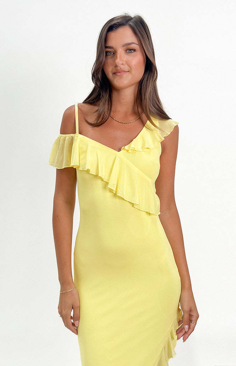 Everleene Yellow Ruffle Mesh Midi Dress-Vavasi.All Rights Reserved.