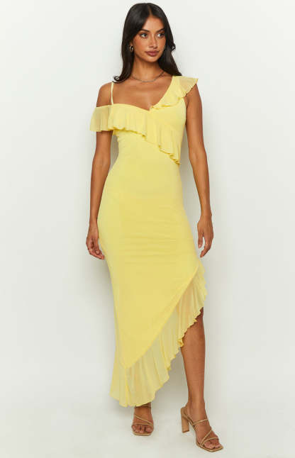 Everleene Yellow Ruffle Mesh Midi Dress-Vavasi.All Rights Reserved.