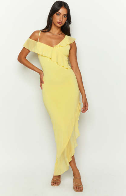 Everleene Yellow Ruffle Mesh Midi Dress-Vavasi.All Rights Reserved.