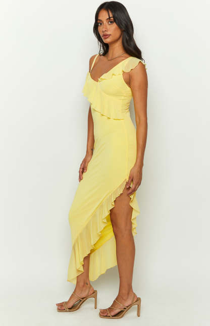 Everleene Yellow Ruffle Mesh Midi Dress-Vavasi.All Rights Reserved.