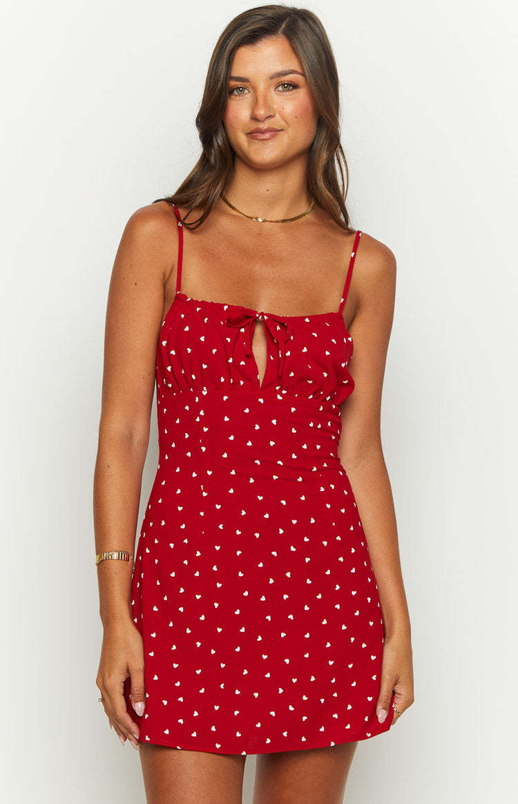 Everlong Red Heart Print Mini Dress-Vavasi.All Rights Reserved.