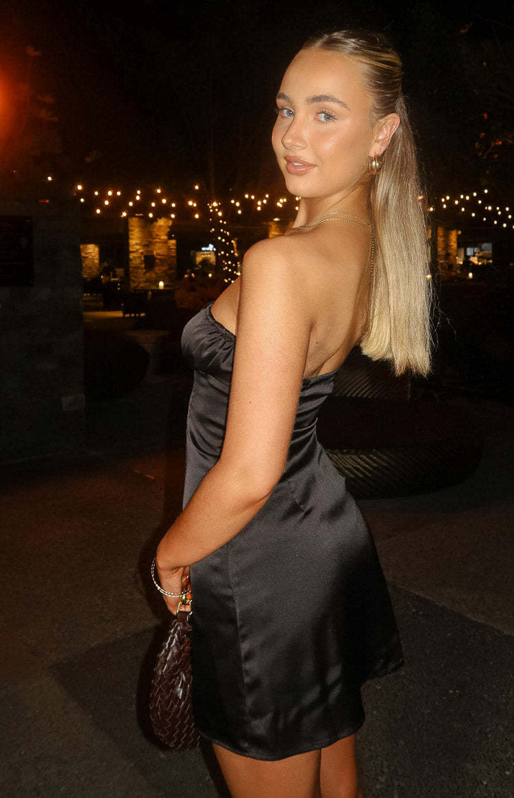 Faith Black Satin Strapless Mini Dress-Vavasi.All Rights Reserved.
