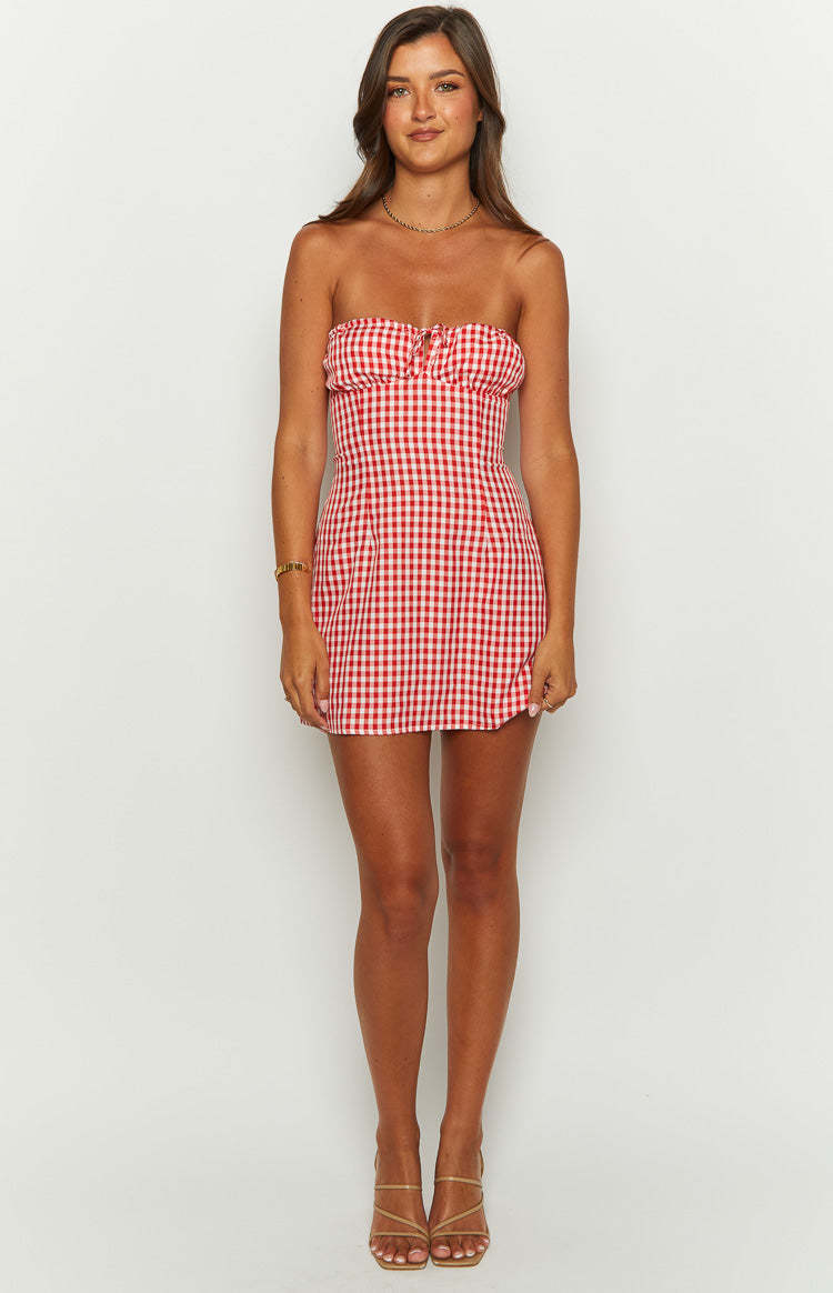 Faith Red Gingham Strapless Mini Dress-Vavasi.All Rights Reserved.
