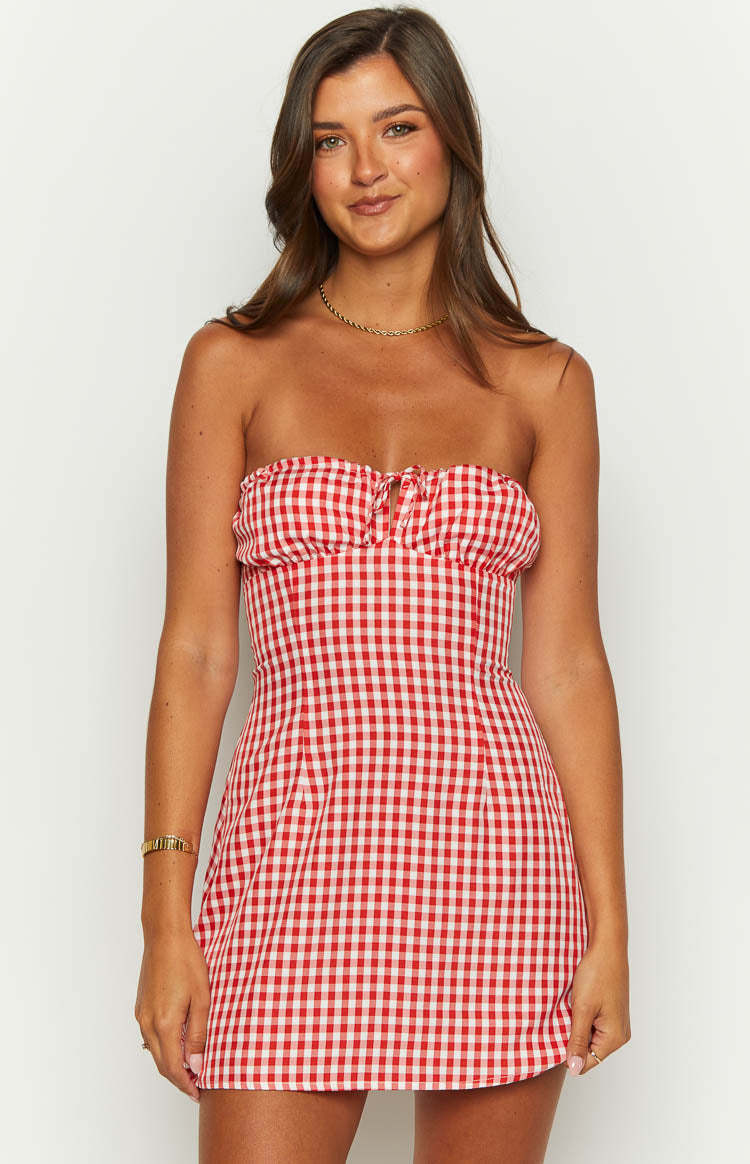 Faith Red Gingham Strapless Mini Dress-Vavasi.All Rights Reserved.