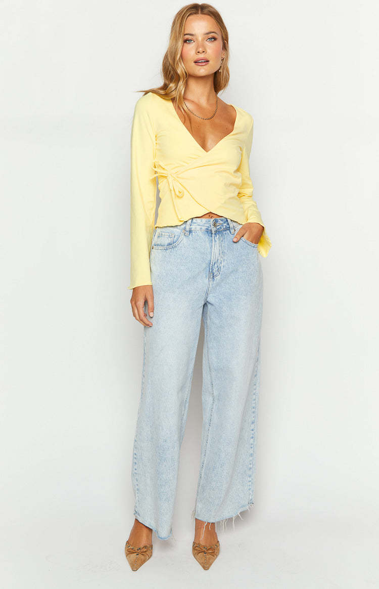 Fantasize Yellow Long Sleeve Front Wrap Top-Vavasi.All Rights Reserved.