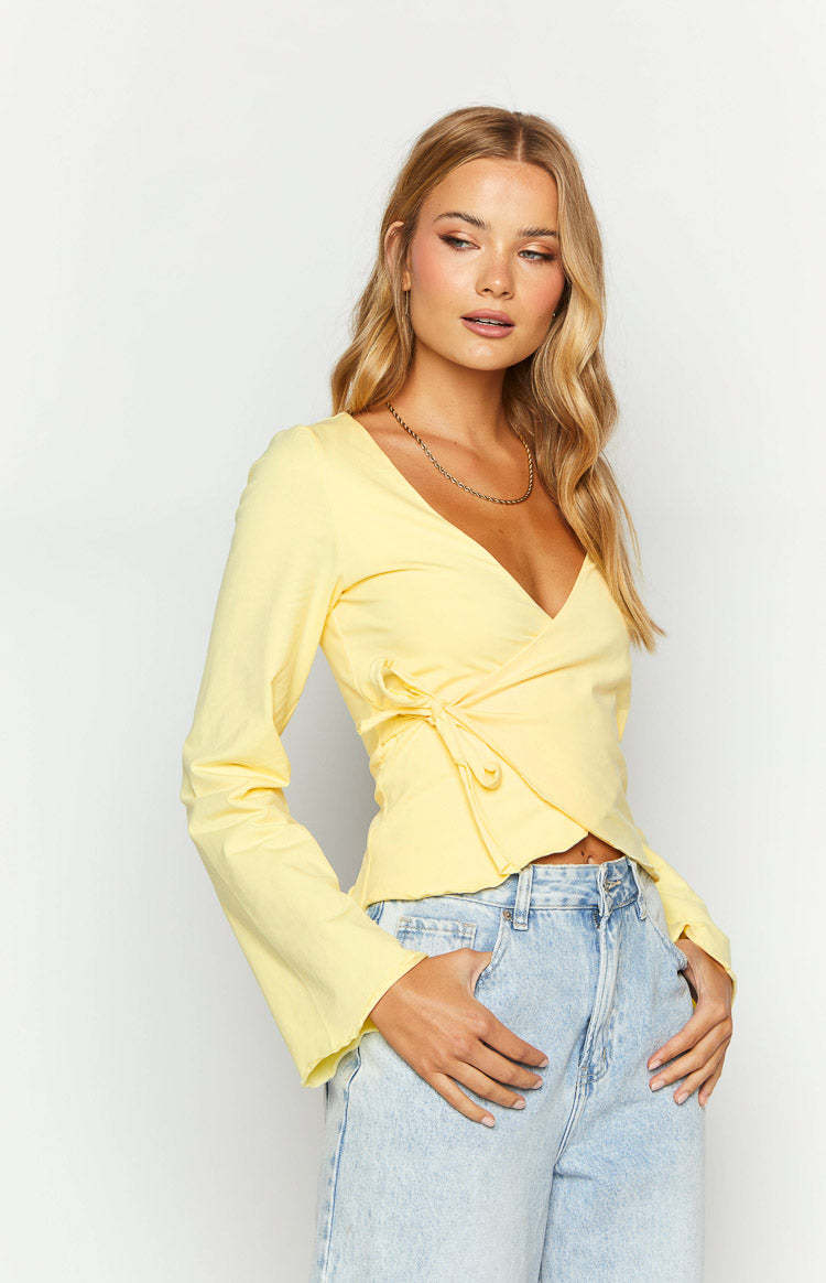 Fantasize Yellow Long Sleeve Front Wrap Top-Vavasi.All Rights Reserved.