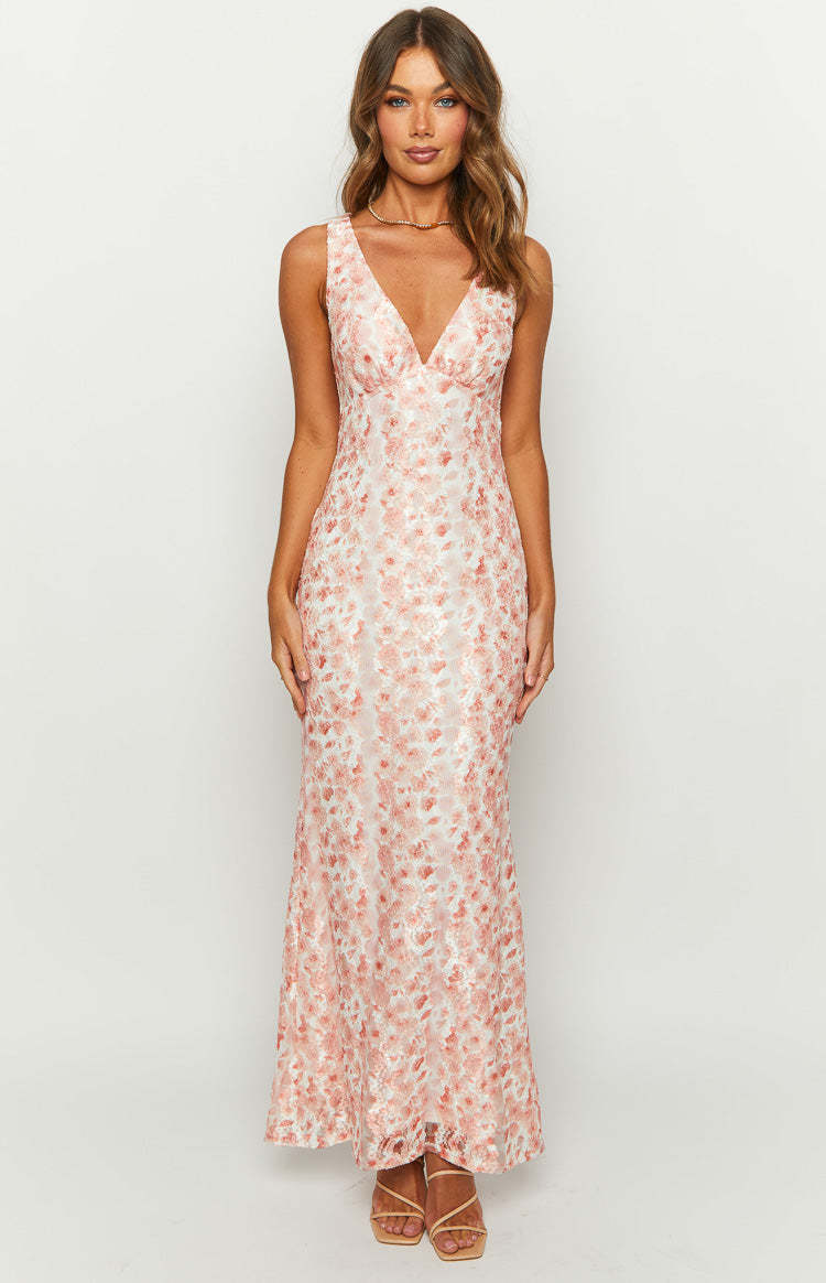 Farida Peach Lace Maxi Dress-Vavasi.All Rights Reserved.