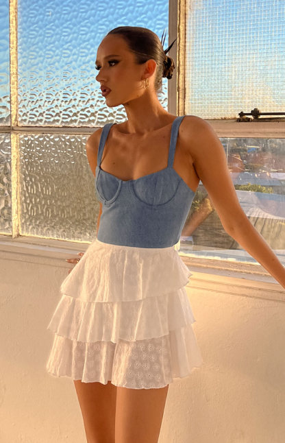 Fashion Flare Light Wash Denim Corset Mini Dress-Vavasi.All Rights Reserved.