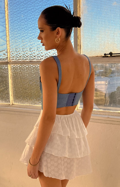 Fashion Flare Light Wash Denim Corset Mini Dress-Vavasi.All Rights Reserved.