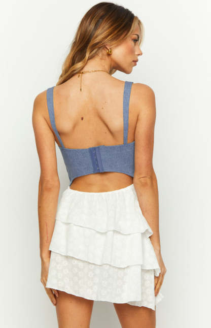 Fashion Flare Light Wash Denim Corset Mini Dress-Vavasi.All Rights Reserved.