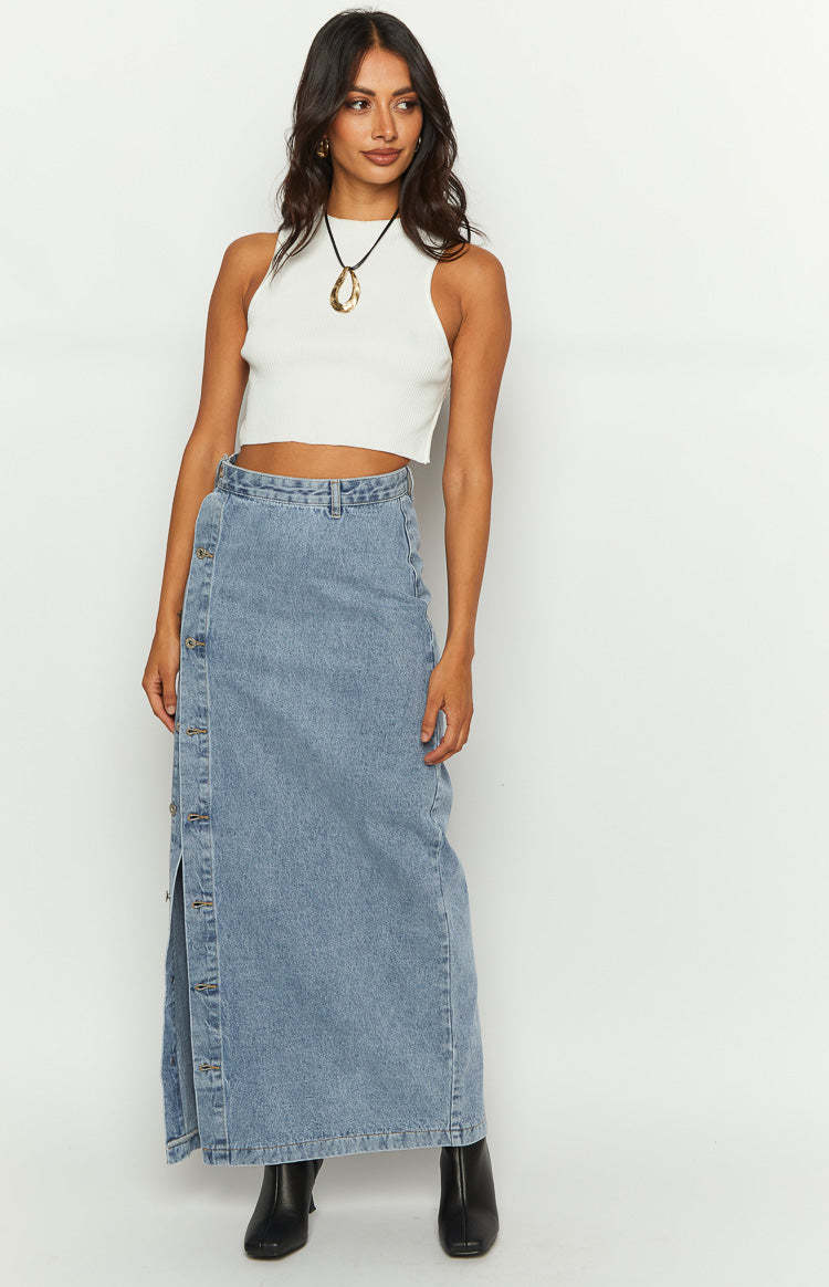 Fazio Button Side Denim Maxi Skirt-Vavasi.All Rights Reserved.