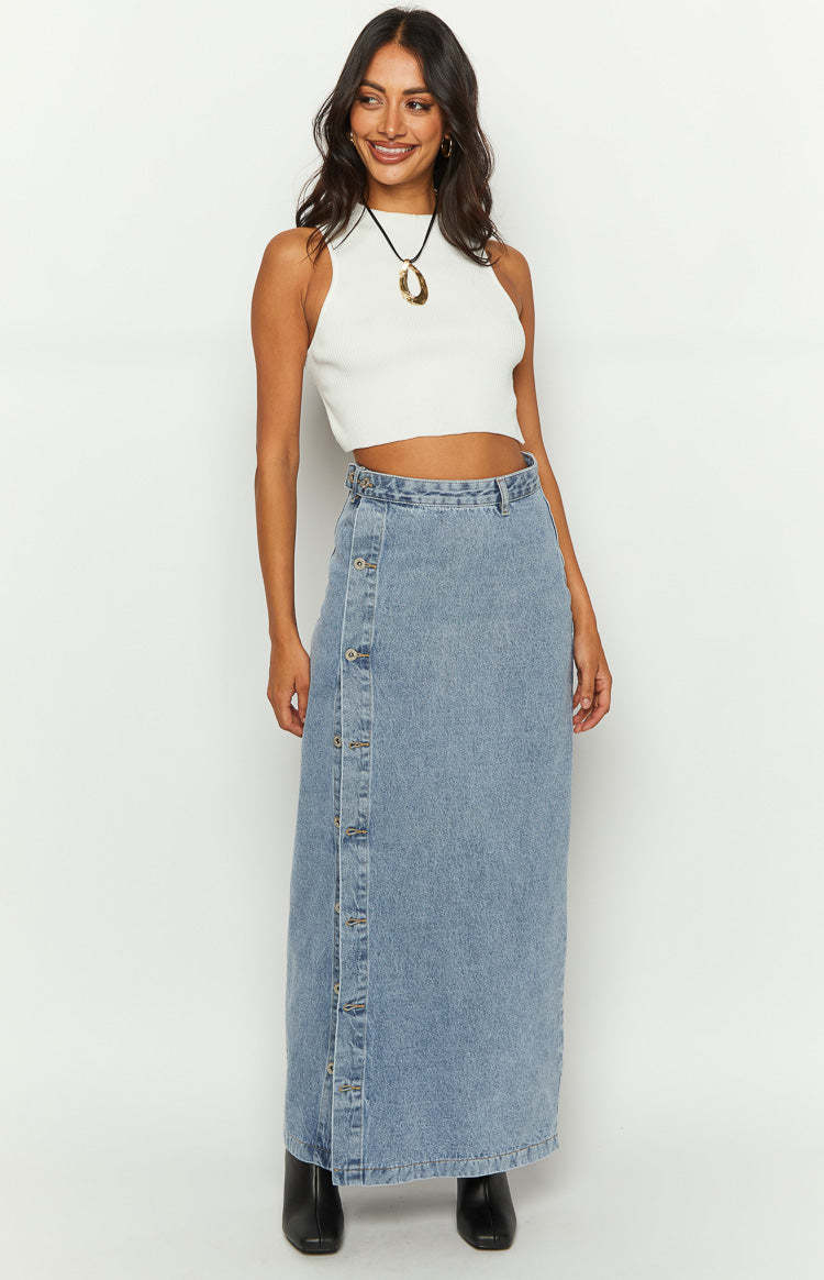 Fazio Button Side Denim Maxi Skirt-Vavasi.All Rights Reserved.