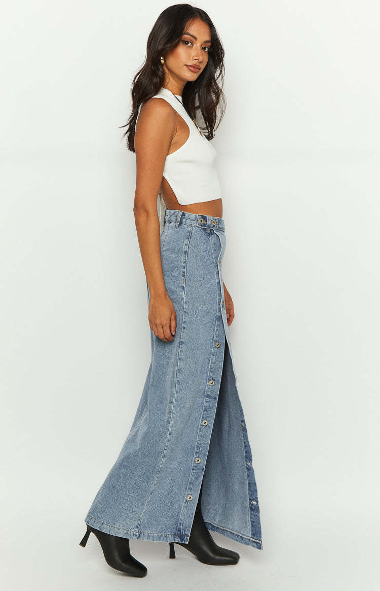Fazio Button Side Denim Maxi Skirt-Vavasi.All Rights Reserved.