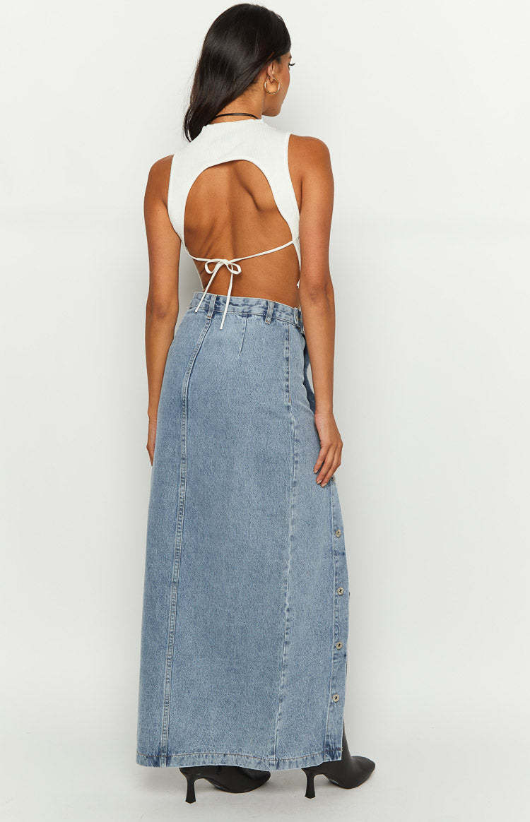 Fazio Button Side Denim Maxi Skirt-Vavasi.All Rights Reserved.