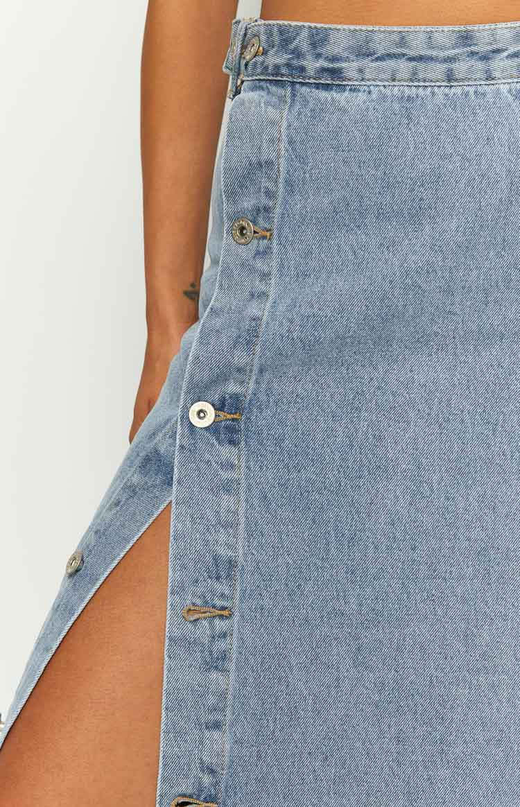Fazio Button Side Denim Maxi Skirt-Vavasi.All Rights Reserved.