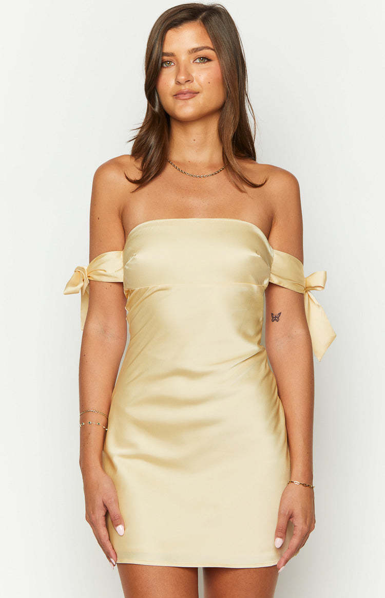 Fleur Yellow Satin Bow Off Shoulder Mini Dress-Vavasi.All Rights Reserved.