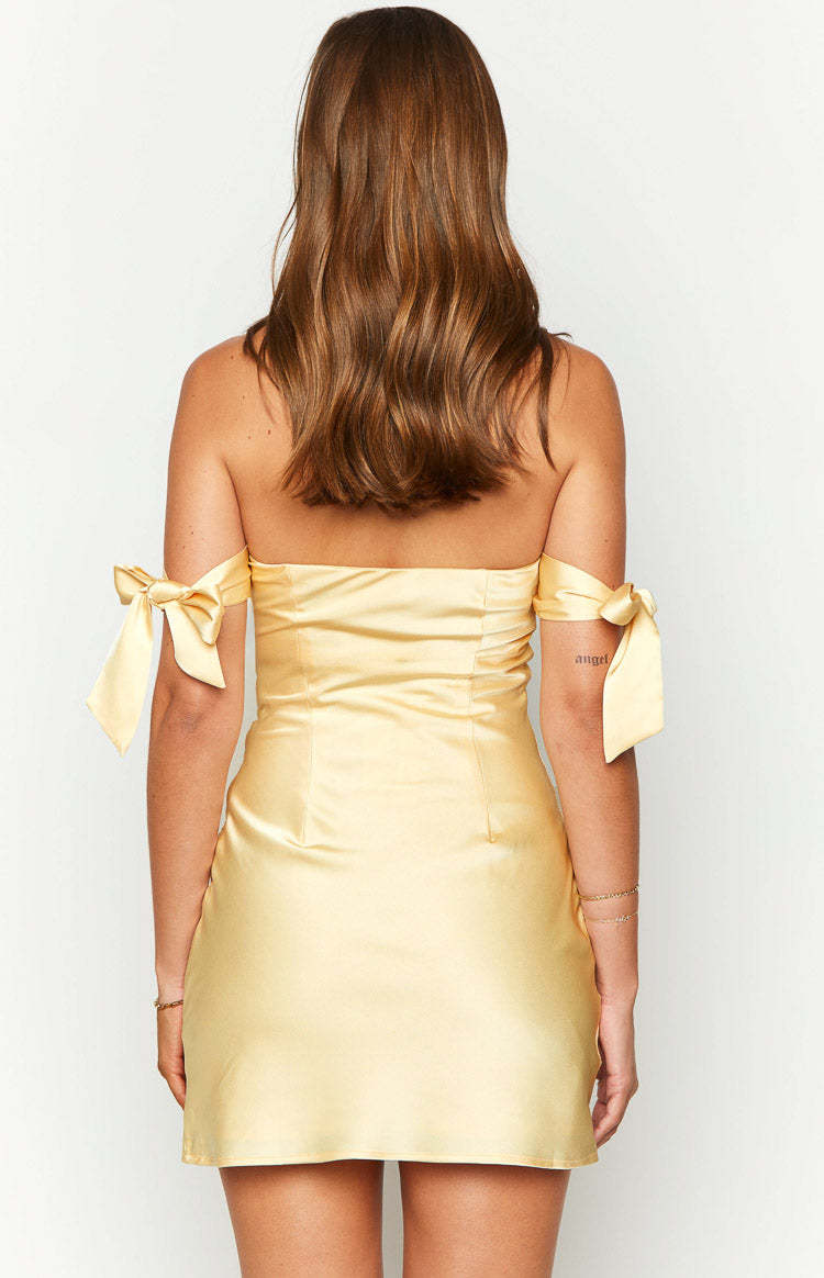 Fleur Yellow Satin Bow Off Shoulder Mini Dress-Vavasi.All Rights Reserved.
