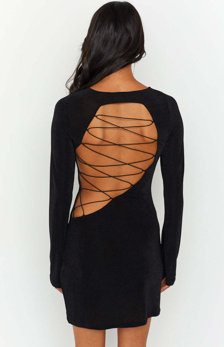 Florence Black Lace Up Mini Dress-Vavasi.All Rights Reserved.