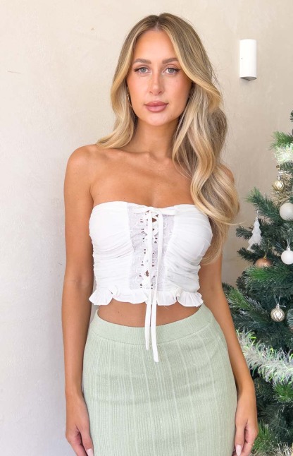Flossy White Strapless Corset Top-Vavasi.All Rights Reserved.