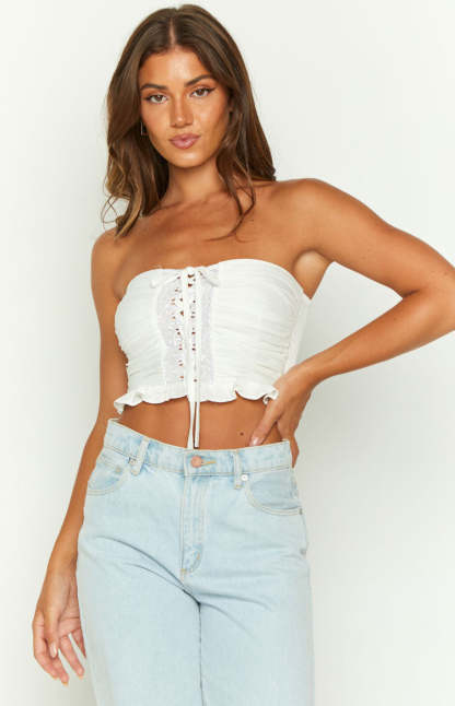 Flossy White Strapless Corset Top-Vavasi.All Rights Reserved.