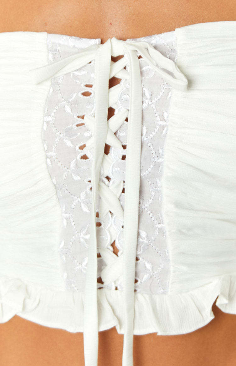 Flossy White Strapless Corset Top-Vavasi.All Rights Reserved.