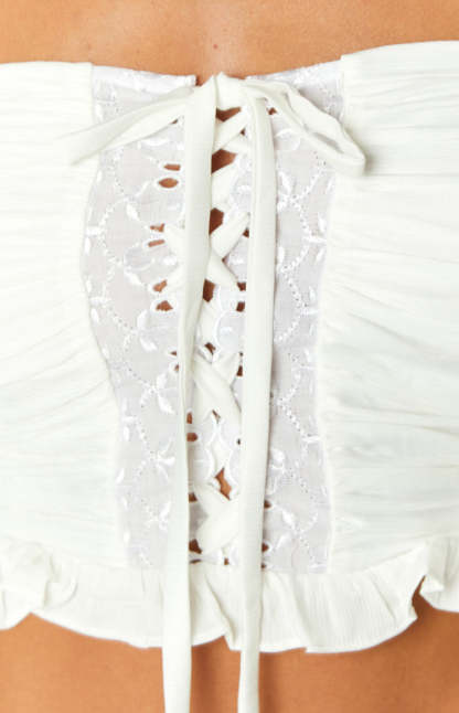 Flossy White Strapless Corset Top-Vavasi.All Rights Reserved.