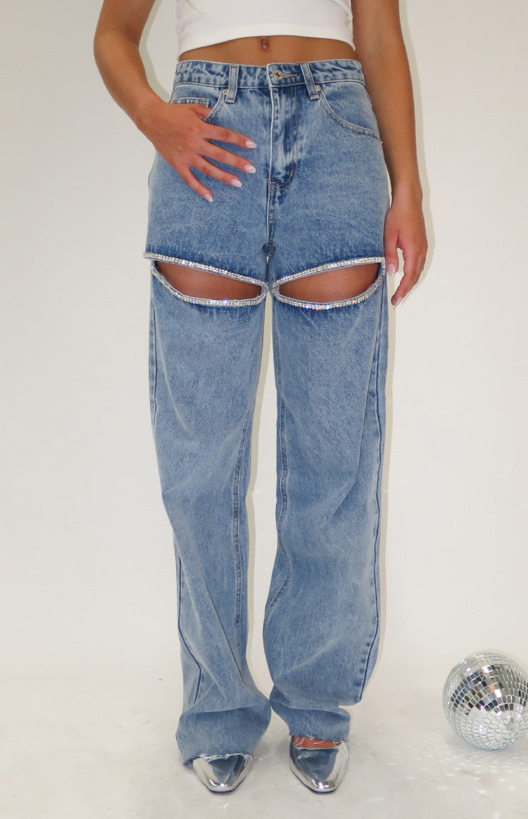 Gem Diamante Trim Wide Leg Denim Jeans-Vavasi.All Rights Reserved.
