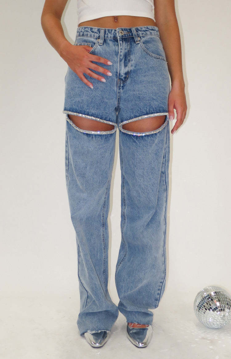 Gem Diamante Trim Wide Leg Denim Jeans-Vavasi.All Rights Reserved.