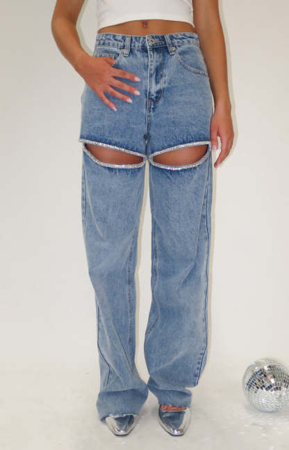 Gem Diamante Trim Wide Leg Denim Jeans-Vavasi.All Rights Reserved.